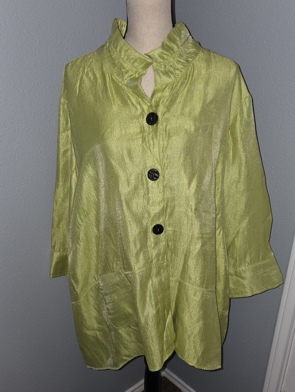 Ali Miles Lime Green Ruffled Collar Button-Front Shirt